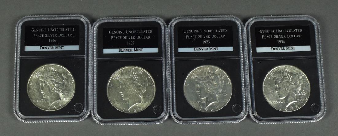 Four Peace Dollars 1922-D (AU+); 1923-D (AU); 1926-D (1 of 2)
