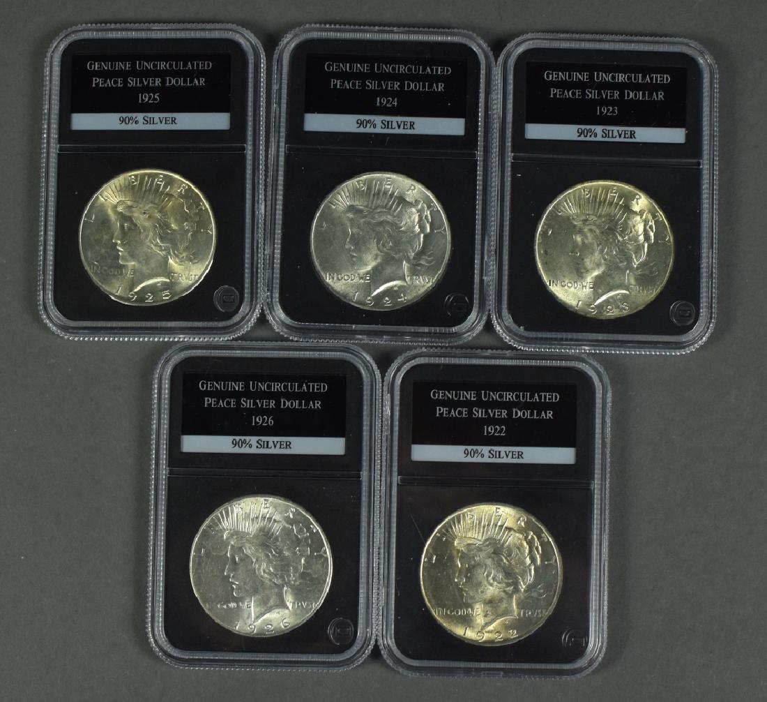 Five Uncirculated Peace Dollars Dates included 1922, (1 of 2)