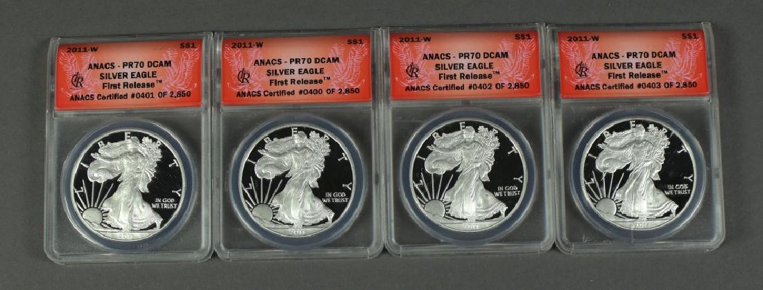 Four 2011-W Silver Eagles Graded PR. 70 DCAM by ANACS. (1 of 2)