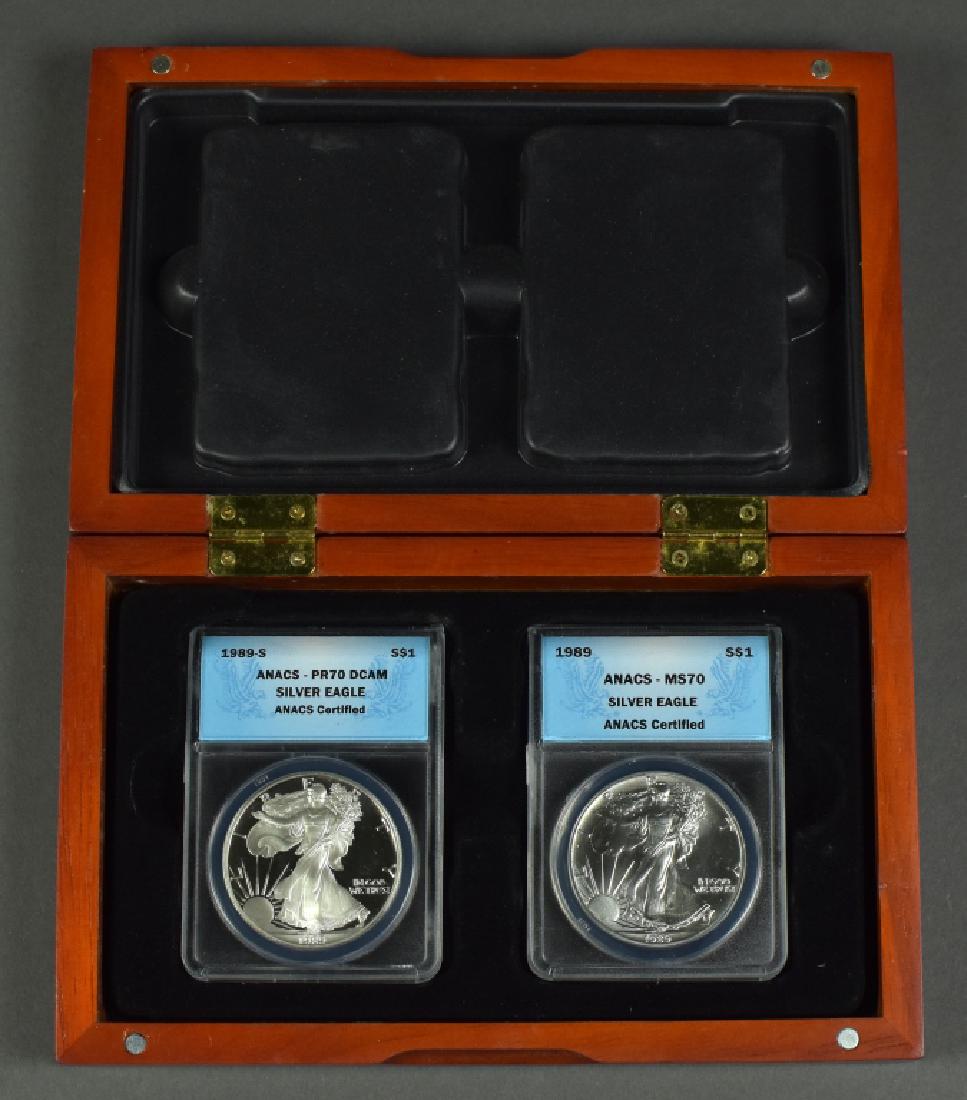 Two Silver Eagles 1989- graded MS70  by ANACS and (1 of 3)