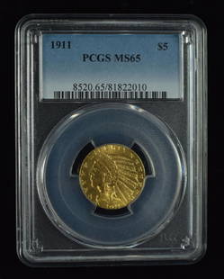 1911 Indian $5 Coin Graded MS 65 by PCGS.: Graded MS 65 by PCGS.