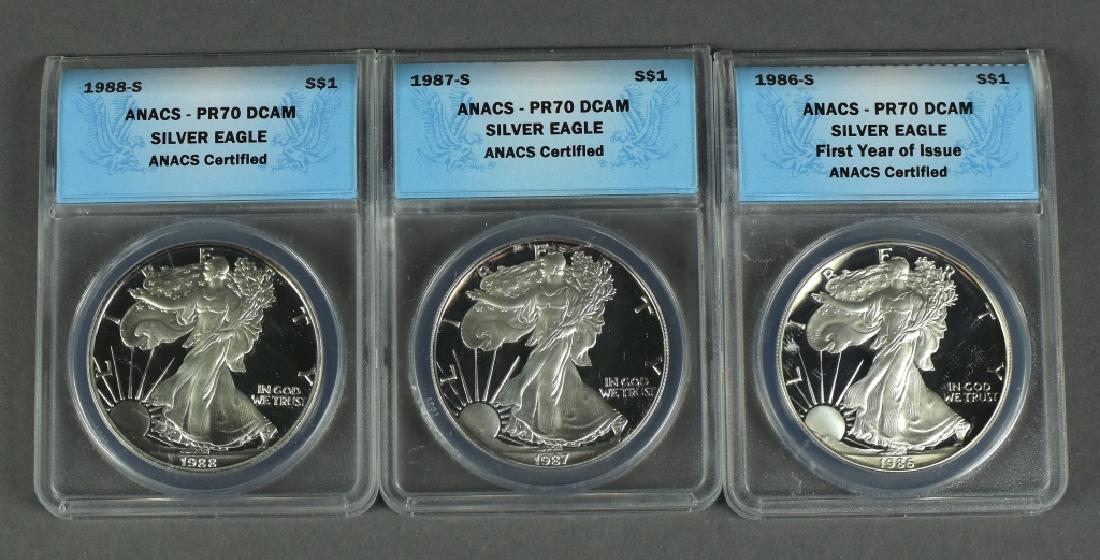 Three Proof 70 Silver Eagles Certified and graded by (1 of 2)