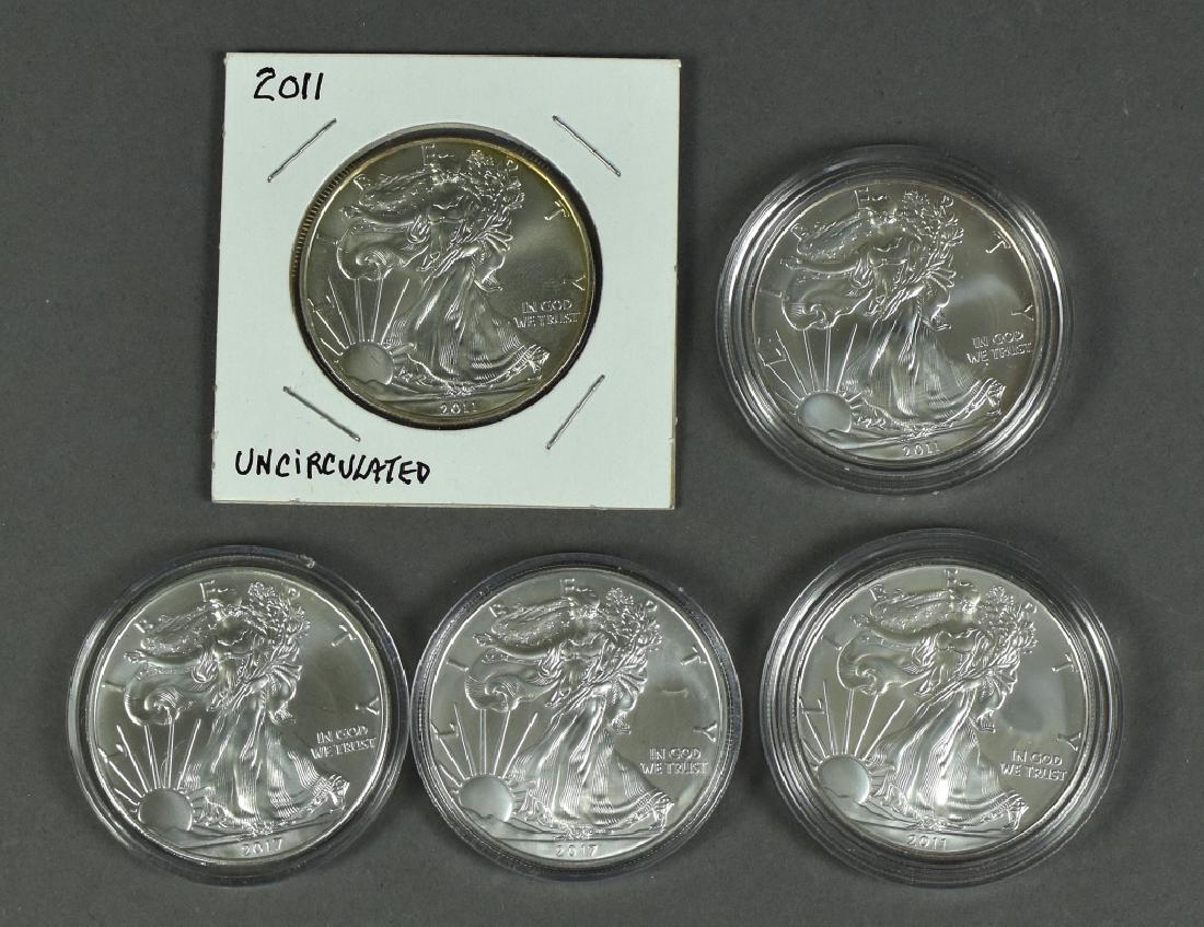 Five Silver Eagles Includes 2011,  (2) 2011-W and (2) (1 of 2)