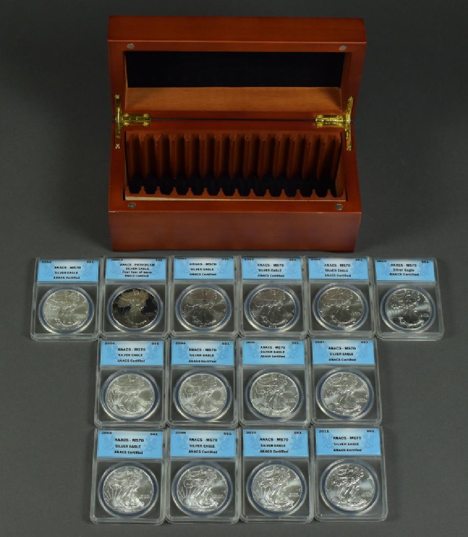 Fourteen Silver Eagles All graded MS 70 by ANACS. (1 of 4)