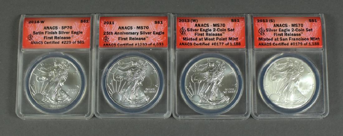 Four Silver Eagles 2011 25th Anniversary graded MS 70 (1 of 2)