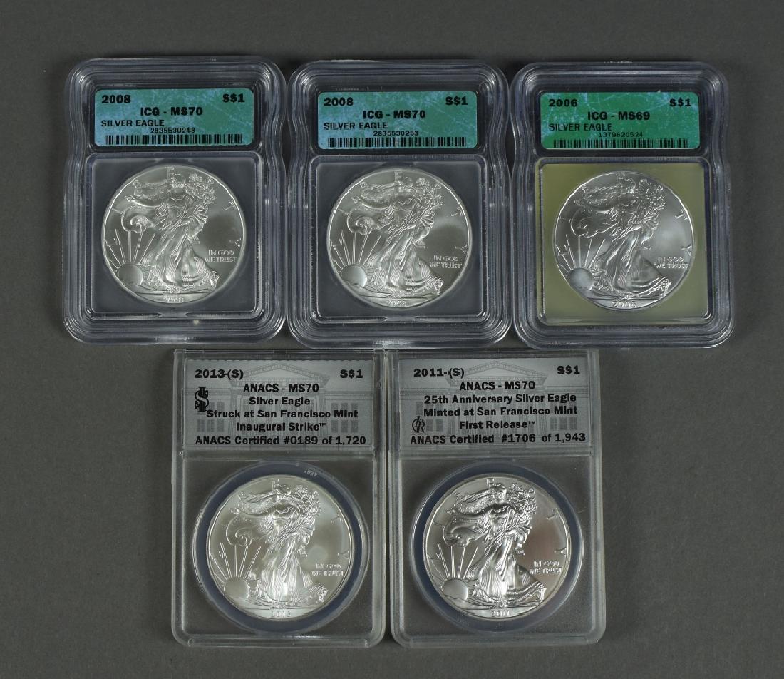 Five Silver Eagles 2006 and 2008 graded MS 69 and MS (1 of 4)