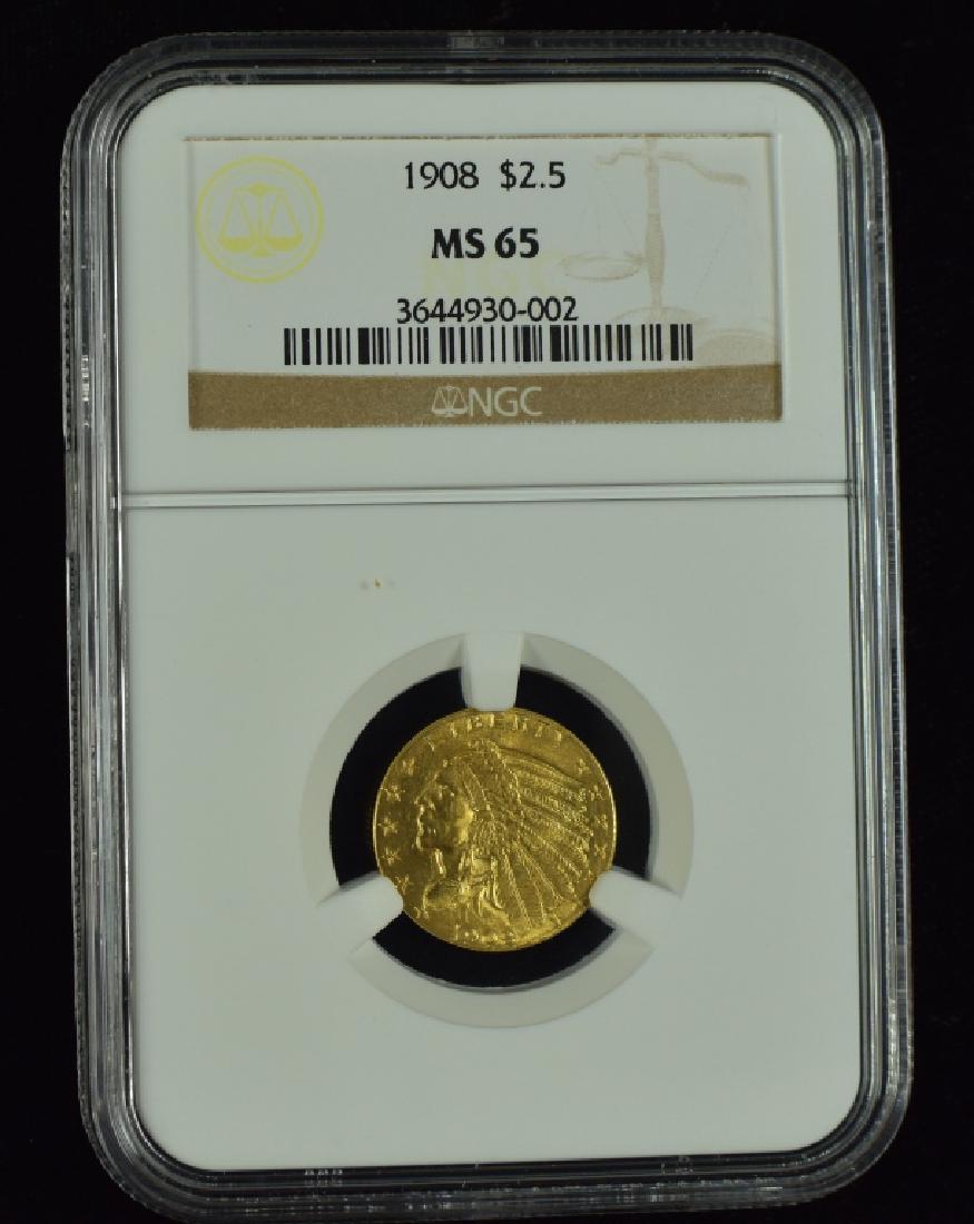 1908 Indian $2 1/2 Gold Coin Graded MS 65 by NGC. (1 of 2)