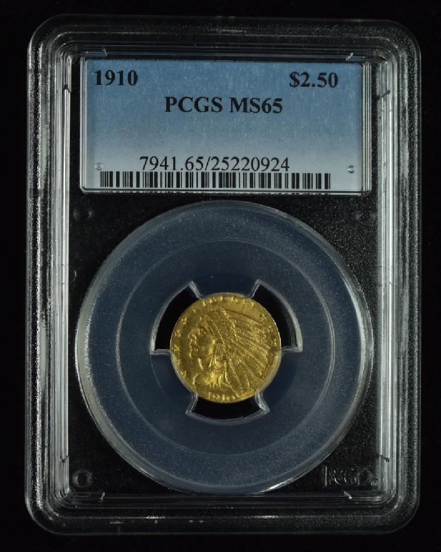 1910 Indian $2 1/2 Gold Coin Graded MS 65 by PCGS. (1 of 2)