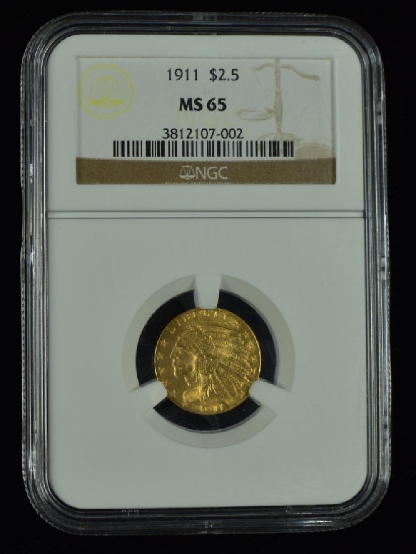 1911 Indian $2 1/2 Gold Coin Graded MS 65 by NGC. (1 of 2)