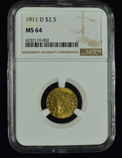 1911-D Indian $2 1/2 Gold Coin Rare - Key to the: Rare - Key to the series. Graded MS 64 by NGC.