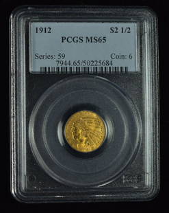 1912 Indian $2 1/2 Gold Coin Graded MS 65 by PCGS.: Graded MS 65 by PCGS.