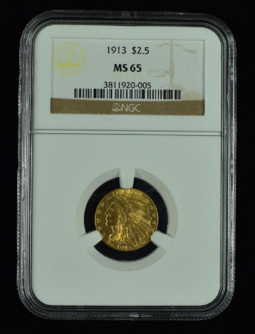 1913 Indian $2 1/2 Gold Coin Graded MS 65 by NGC. (1 of 2)