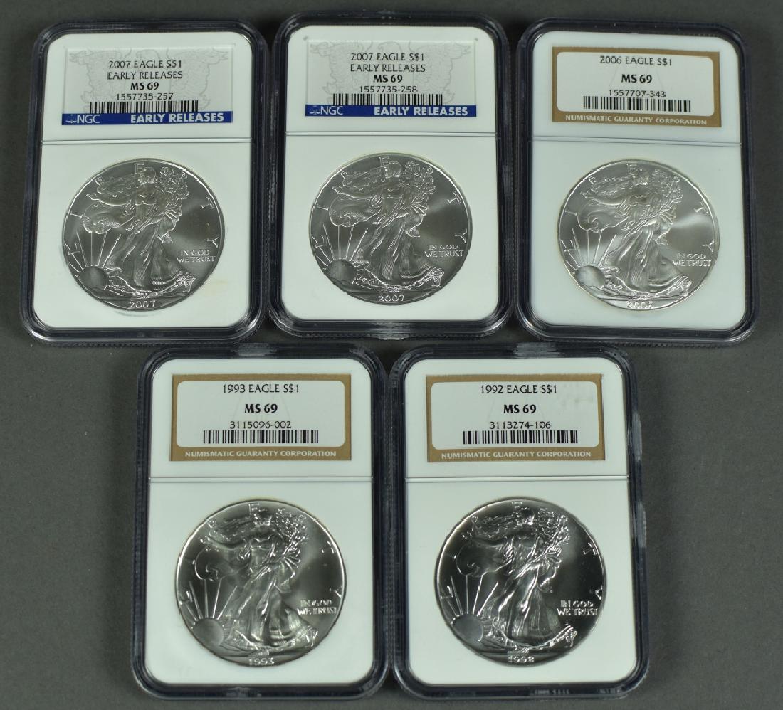 Five Silver Eagles, All Certified by NGC MS69 Dates (1 of 2)