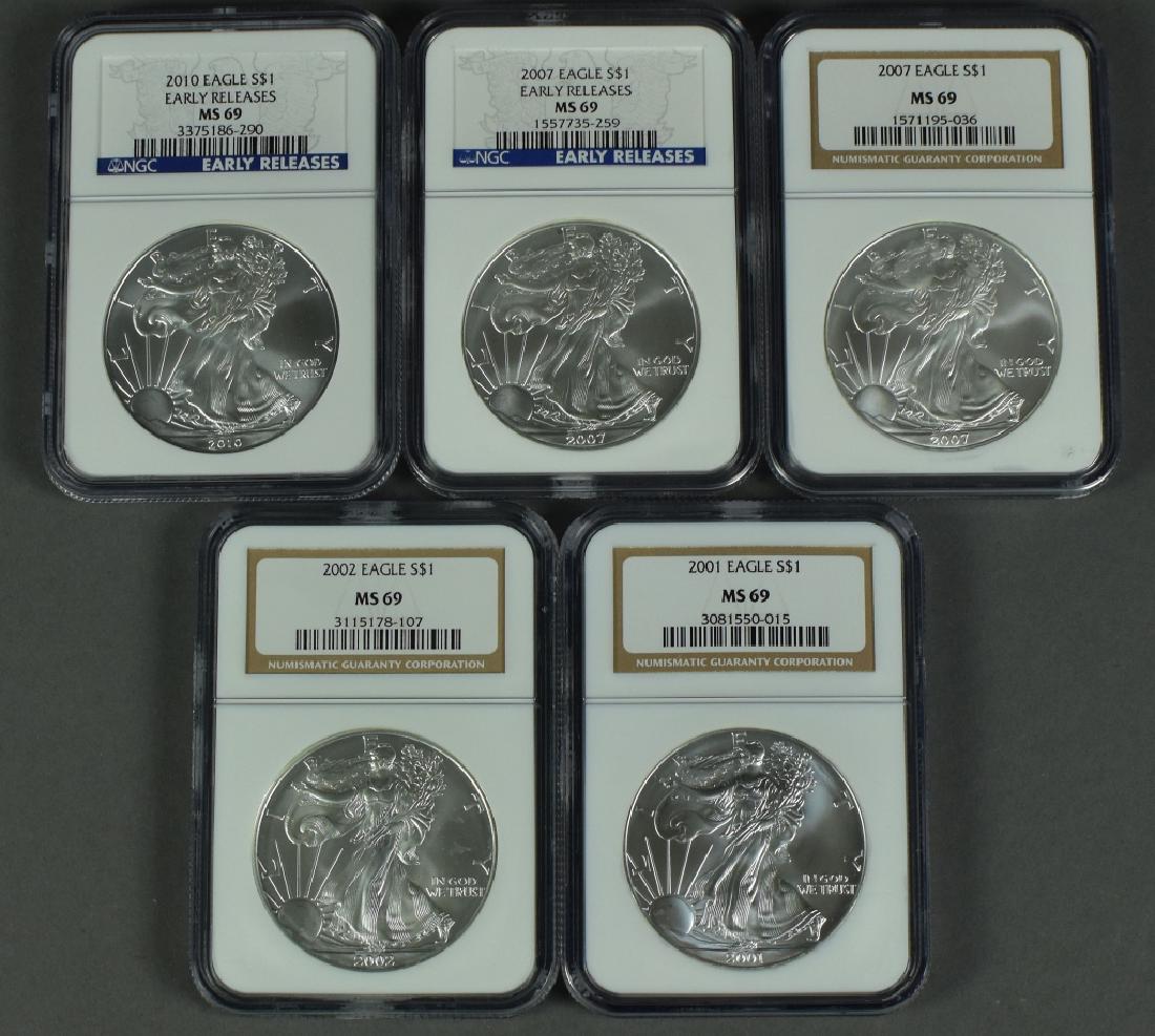 Five Silver Eagles, All Certified by NGC MS69 Dates (1 of 2)