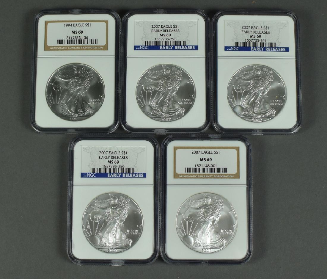 Five Silver Eagles, All Certified by NGC MS69 Dates (1 of 2)