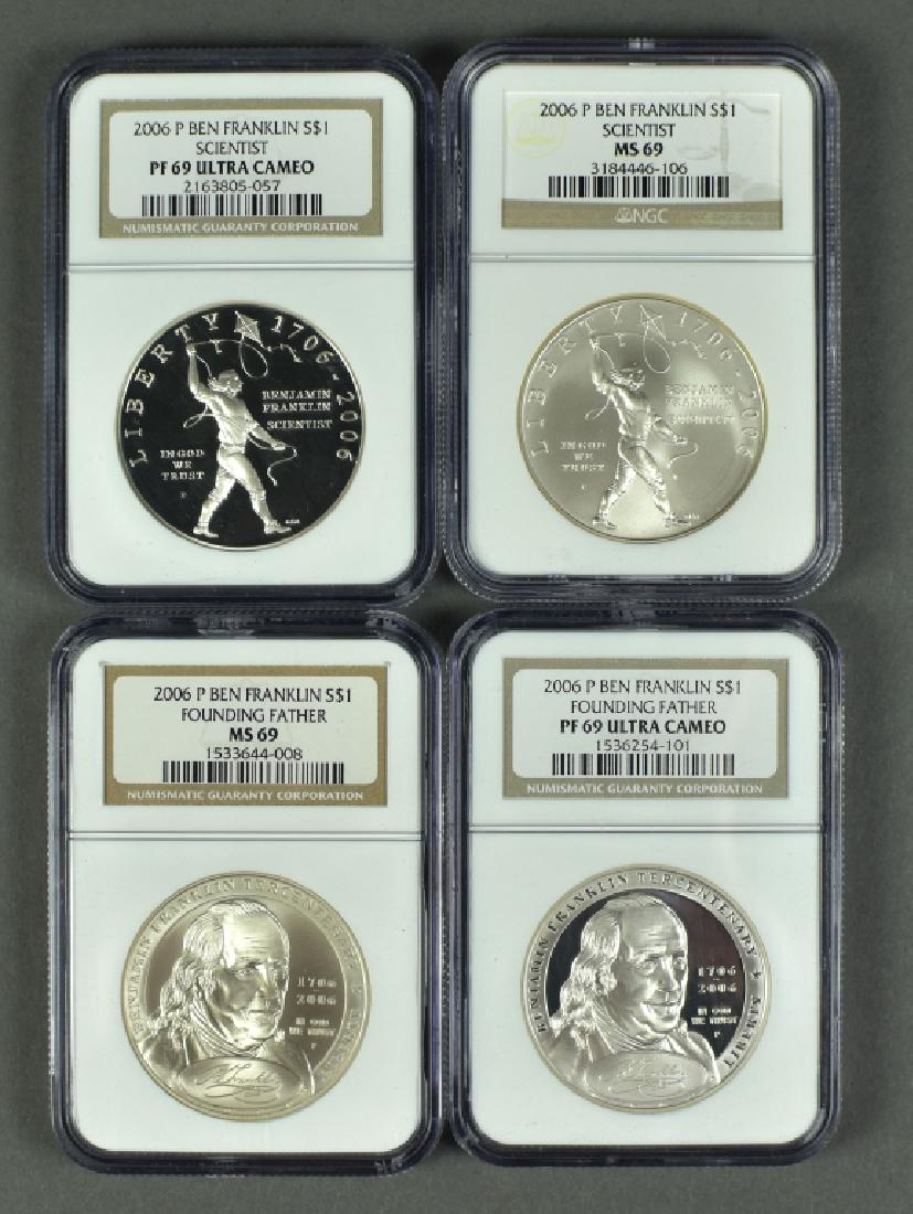 Four US Commemorative Dollars 2006P Ben Franklin: 2006P Ben Franklin Scientist NGC PF69 Ultra Cameo and MS69. 2006P Ben Franklin Found Father NGC PF69 Ultra Cameo and MS69.