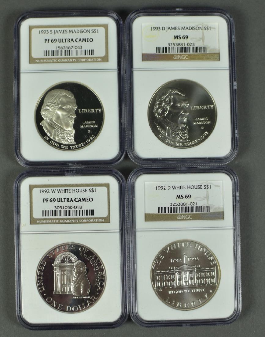 Four US Commemorative Dollars 1992W White House NGC: 1992W White House NGC PF69 Ultra Cameo and 1992D NGC MS69. 1993S James Madison NGC PF69 Ultra Cameo and MS69.