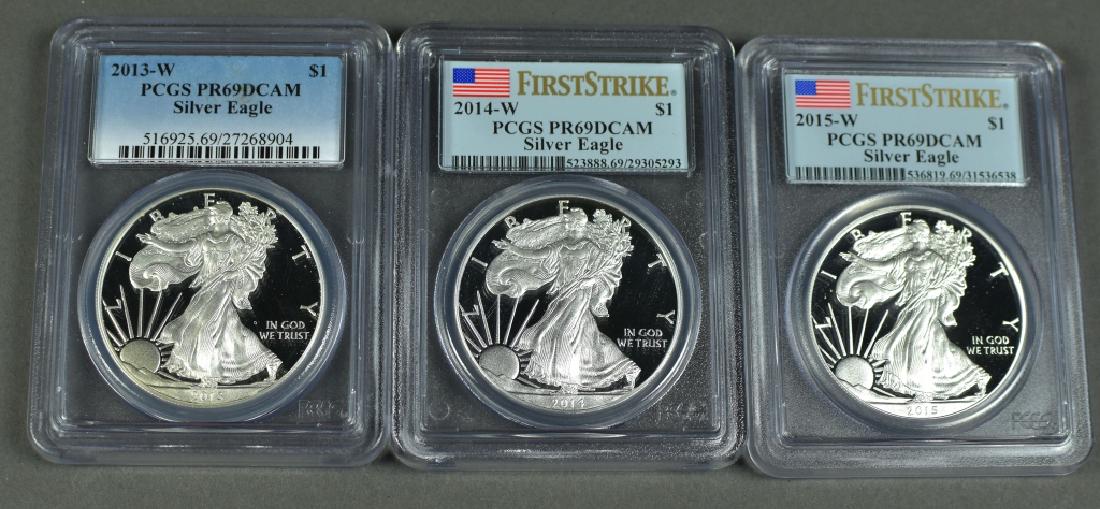 3 US Proof Silver Eagles All PCGS PR69 Deep Cameo. (1 of 2)