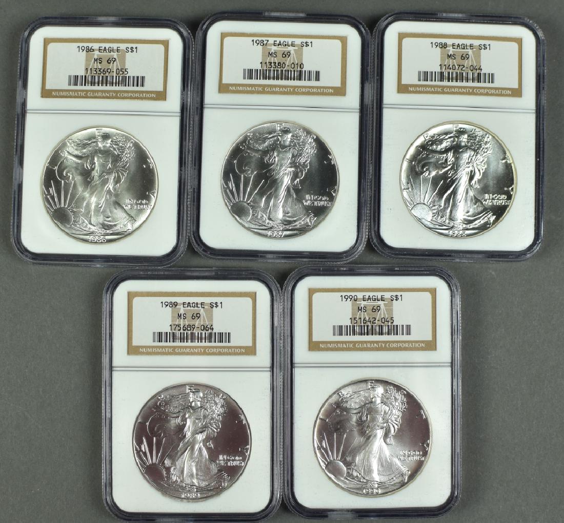 5 US Silver Eagles All NGC MS69. Includes 1986, 1987, (1 of 2)