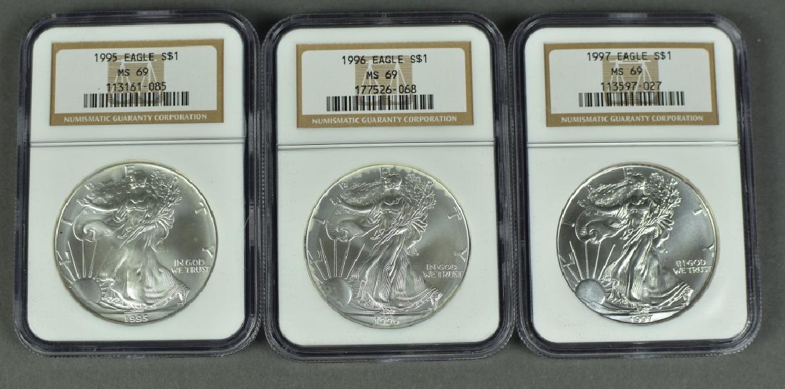 3 US Silver Eagles All NGC MS69. Includes 1995, 1996, (1 of 2)
