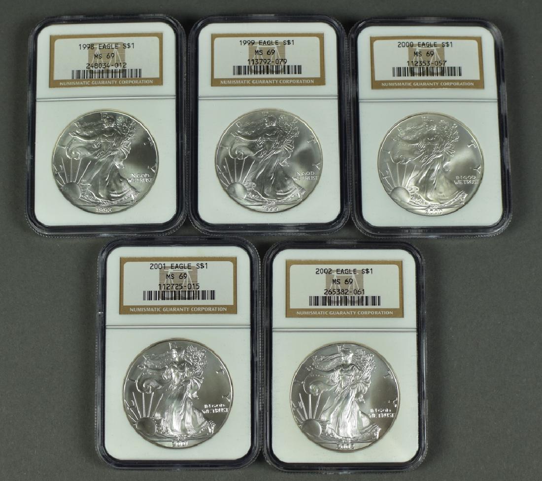 5 US Silver Eagles All NGC MS69. Includes 1998, 1999, (1 of 2)