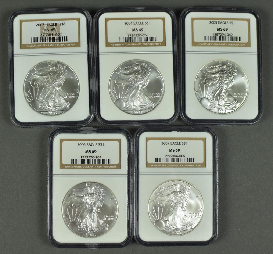 5 US Silver Eagles All NGC MS69. Includes 2003, 2004, (1 of 2)