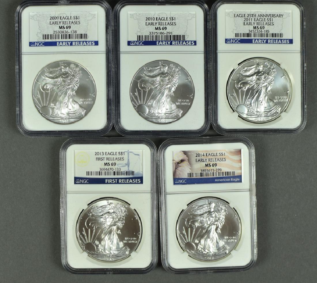 5 US Silver Eagles All NGC MS69. Includes 2008, 2010, (1 of 2)