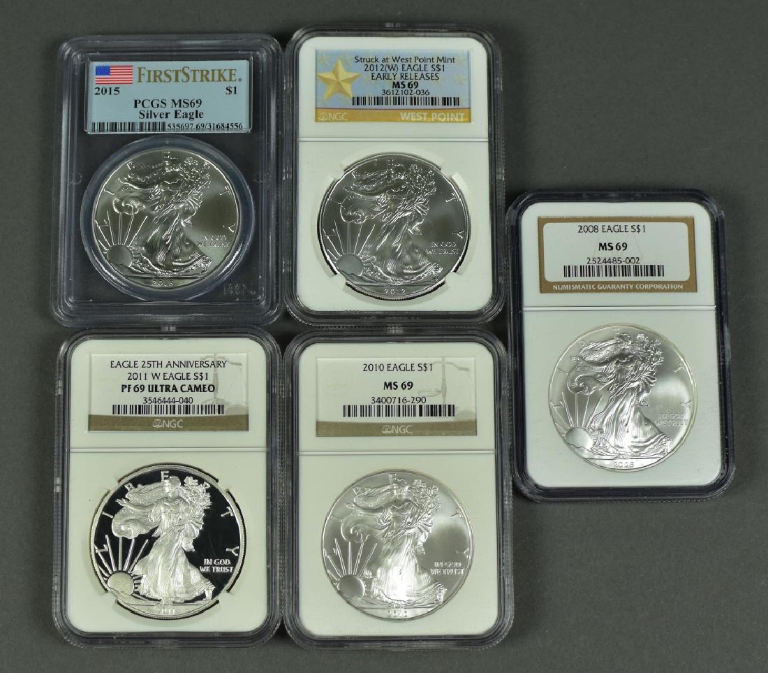 5 Mixed Silver Eagles 2008 MS69, 2010 MS69, 2012W MS69, (1 of 2)