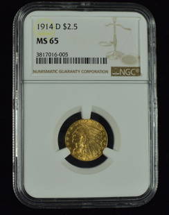 1914-D Indian $2 1/2 Gold Coin Graded MS 65 by NGC.: Graded MS 65 by NGC.