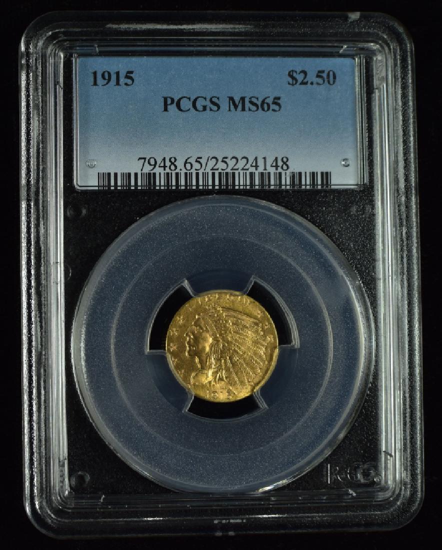 1915 Indian $2 1/2 Gold Coin Graded MS 65 by PCGS. (1 of 3)