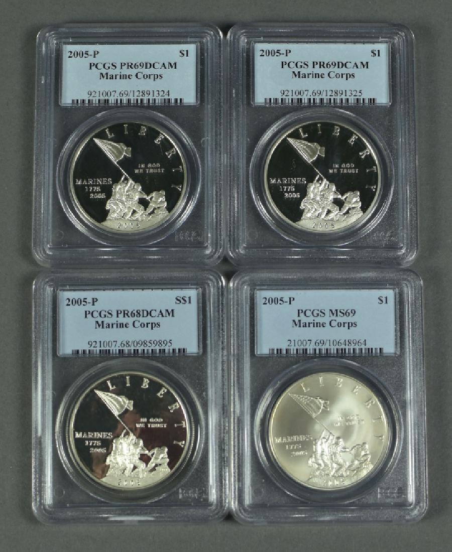 Four 2005 Marines Commemorative Dollars One PCGS PR68, (1 of 4)