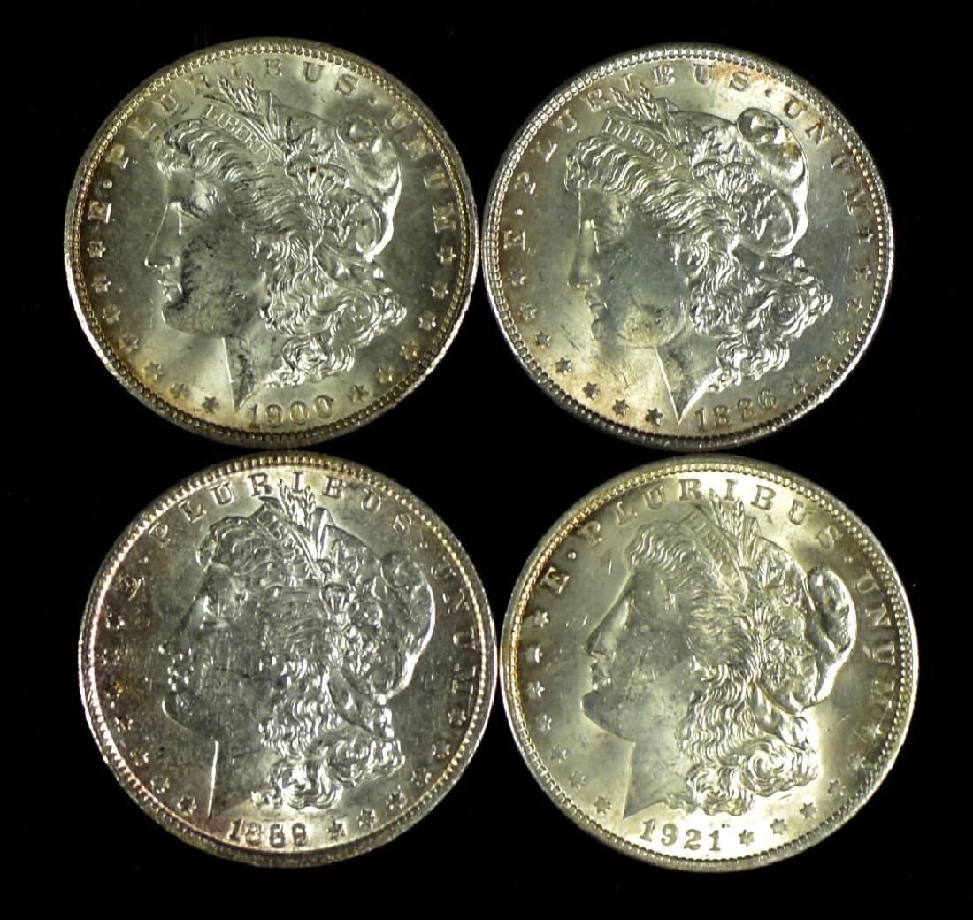 Four Morgan Dollars 1886 MS63, 1889 MS60, 1900 AU58, (1 of 2)