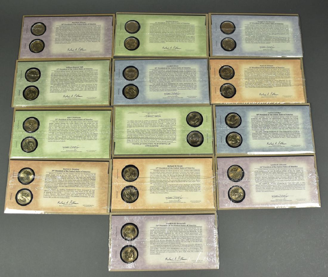 13 Presidential Dollar Covers All with postmarks from: All with postmarks from their hometown and an uncirculated P and D mint coin. All are still sealed in original packages. Includes Taft, Wilson, Harding, Coolidge, Hoover, FDR, Truman, Eisenhower, Kenn