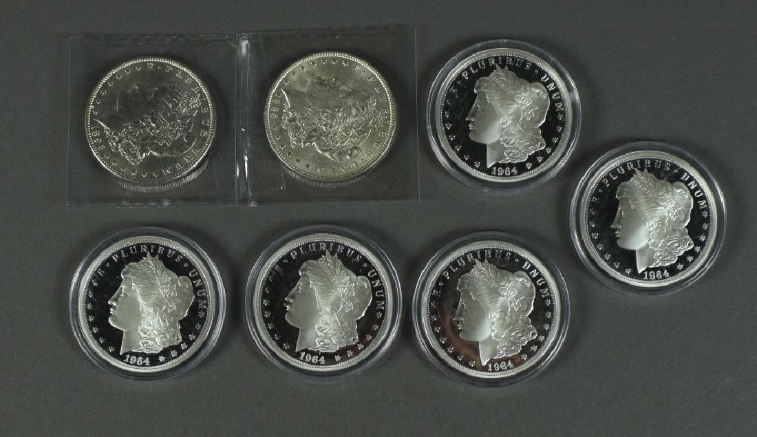 Two Real Morgan Dollars BU. 1885 and 1896 plus five (1 of 2)