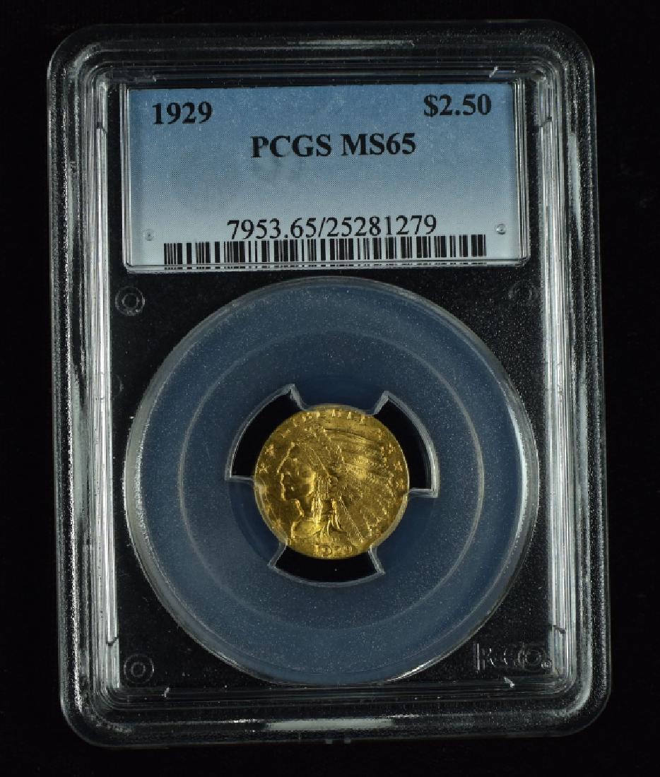 1929 Indian $2 1/2 Gold Coin Graded MS 65 by PCGS. (1 of 2)