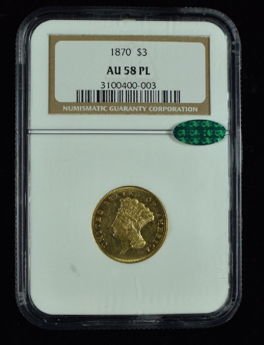 1870 Princess $3 Gold Coin NGC graded AU 58 PL and (1 of 3)