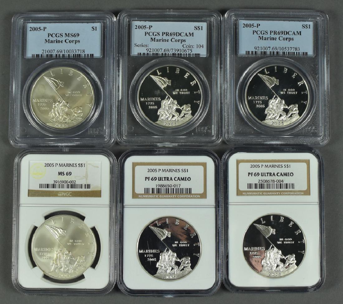 6 2005 P Marines Dollars 2 PCGS PR69 Deep Cameo, 2 NGC (1 of 2)