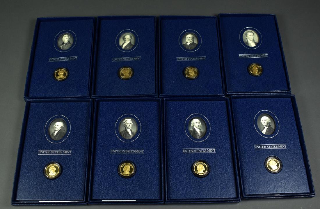 Eight Presidential Dollar Historical Signature Set Each: Each has proof coin and portrait with facsimile signature. Includes Washington, Madison, Jefferson, Adams, Monroe, J.Q. Adams, Van Buren, Jackson. In original boxes.