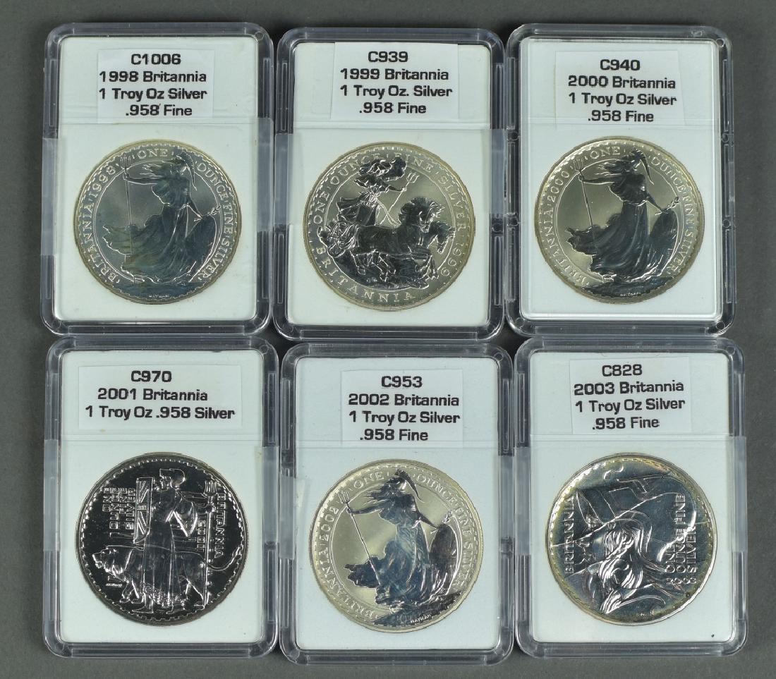 6 1 oz. Silver Britannia Bullion Coins 1998, 1999, (1 of 2)