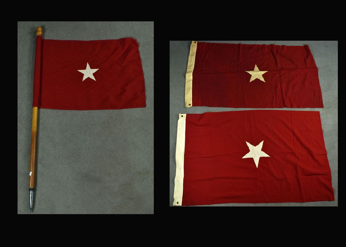 3 Circa 1940 One Star General Headquarters Flags 2: 2 standard size one star general flags and a smaller generals flag on a short staff. All are from the estate of General Forrest Williford. All 3 have small holes throughout. Staff has acorn finial. La