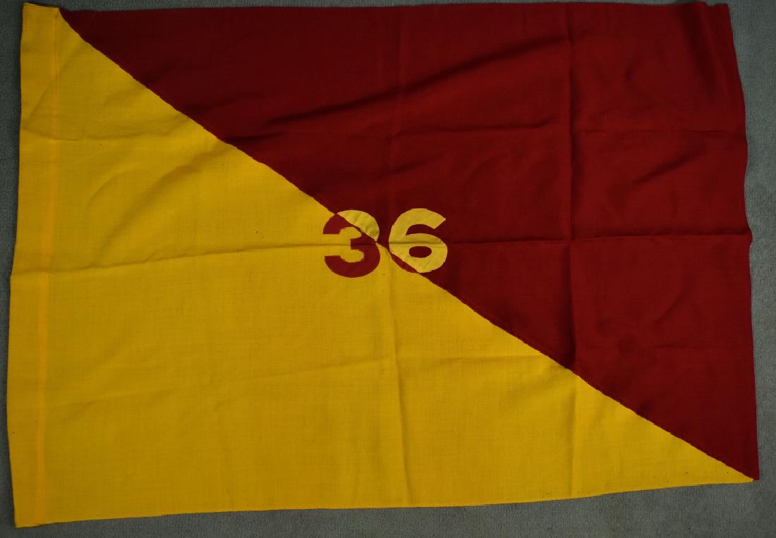 1930's 36th Coastal Artillery Flag Unit flag of the: Unit flag of the 36th Coastal Artillery from the 1930's. Excellent condition. Leather added to inside corners of the hoist edge. From the estate of General Forrest Wilford. Aprox 35"T X 49" L