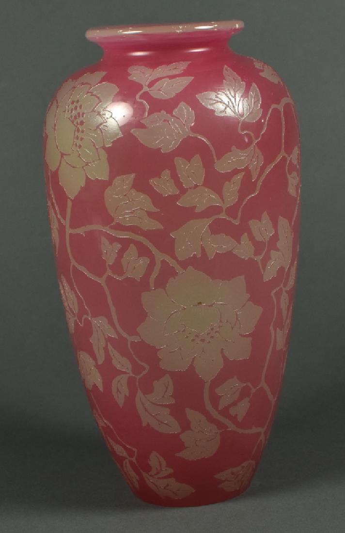Stueben Rosaline Peony Acid Cutback Glass Vase Not: Not signed but attributed to Frederick Carder of Steuben. Ca.1920. Rosaline over alabaster. Has been used to hold flowers, interior bears the traces. There is a rust colored stain on one outside porti