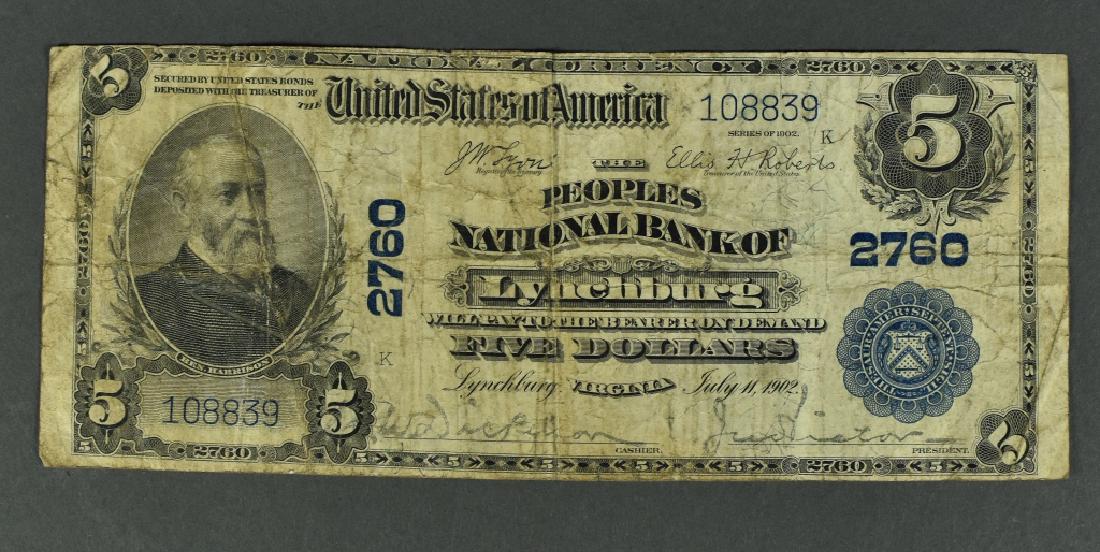 Series 1902 $5 Peoples Bank of Lynchburg VA Note: Charter #2760. Complete with multiple fold lines and soiling. Very good.