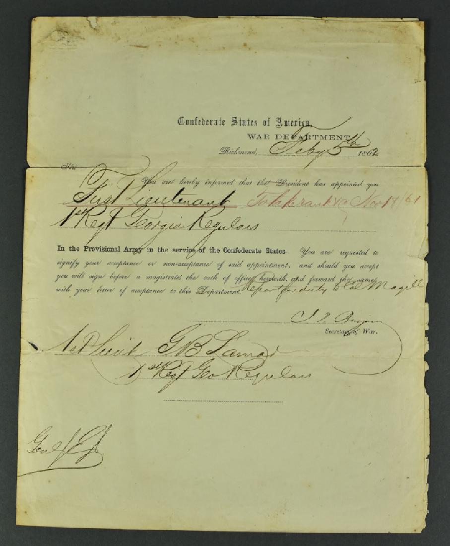 Feb. 5, 1862 Confederate Commission For First Lt. G.B.: For First Lt. G.B. Lamar (Jr.) of the 1st Georgia Regulars signed by Secretary of War Judah P. Benjamin. Usual fold lines/edge damage/staining.