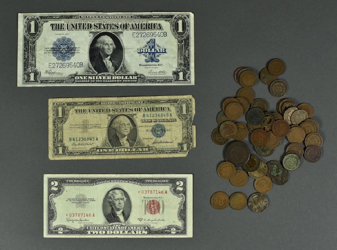 Misc. US Coin and Currency Lot Includes 1923 $1: Includes 1923 $1 Speelman/White Silver certificate VG, 1957 $1 Silver Certificate fair. 1933C $2 Red Seal Star note fine, 48 Indian cents mostly good with many corroded 1889-1908. 1827 large cent fair