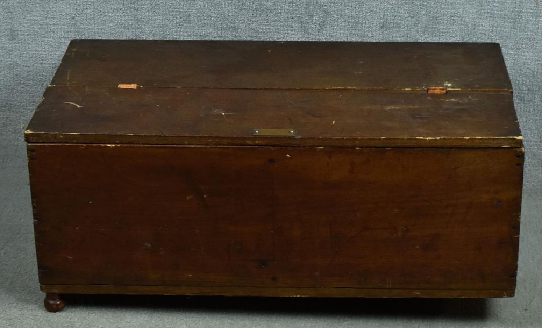 19th Century Poplar Box with Hinged Half Lid Divider: Divider inside. Nailed construction with leather hinges. One foot detached but present. Brass plaque "Jemima Robbins/1795". 10" x 24" x 13".