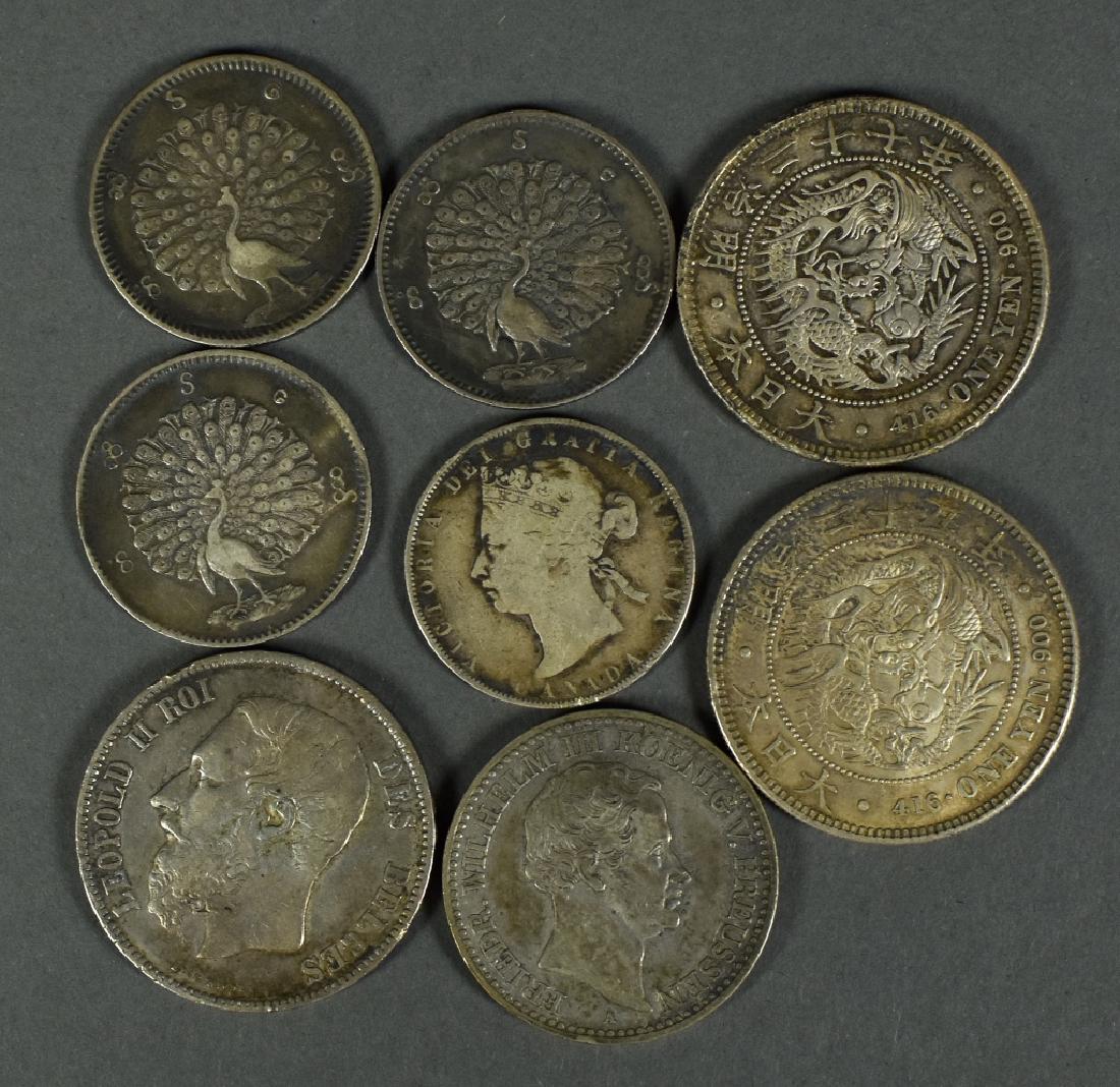 Group of Foreign Silver Coins Including 1892, 1894 one: Including 1892, 1894 one yen dragon coins, VF-XF, 1873 Belgium 5 Frame VG-F, 1871 Canada Half VG, 1832 Prussian one thaler XF, 3 Burma Peacock coins F-VF.