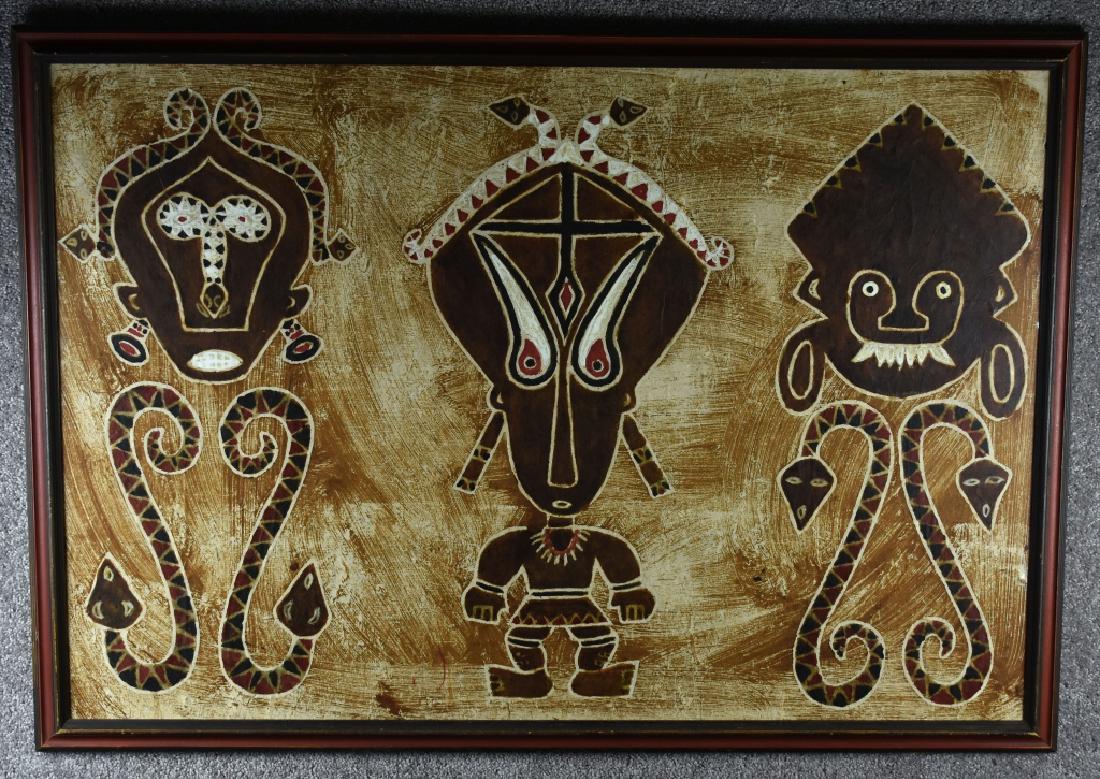 Original Aboriginal Art - Warriors Pigs blood, crushed: Pigs blood, crushed berries and other forestry items implemented for pigmentation used on bark paper. Housed in a painted wood frame with plastic film coating. Good condition. 30" H. x 43" W.