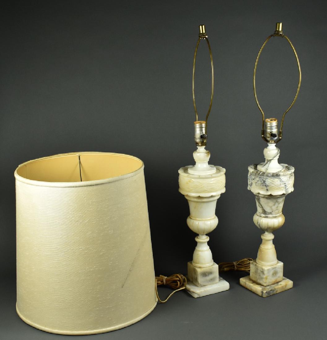 Pair of Carved Alabaster Marble Table Lamps Good: Good condition but could use cleaning. Both power on but wiring is vintage. 29"H. Includes one shade.