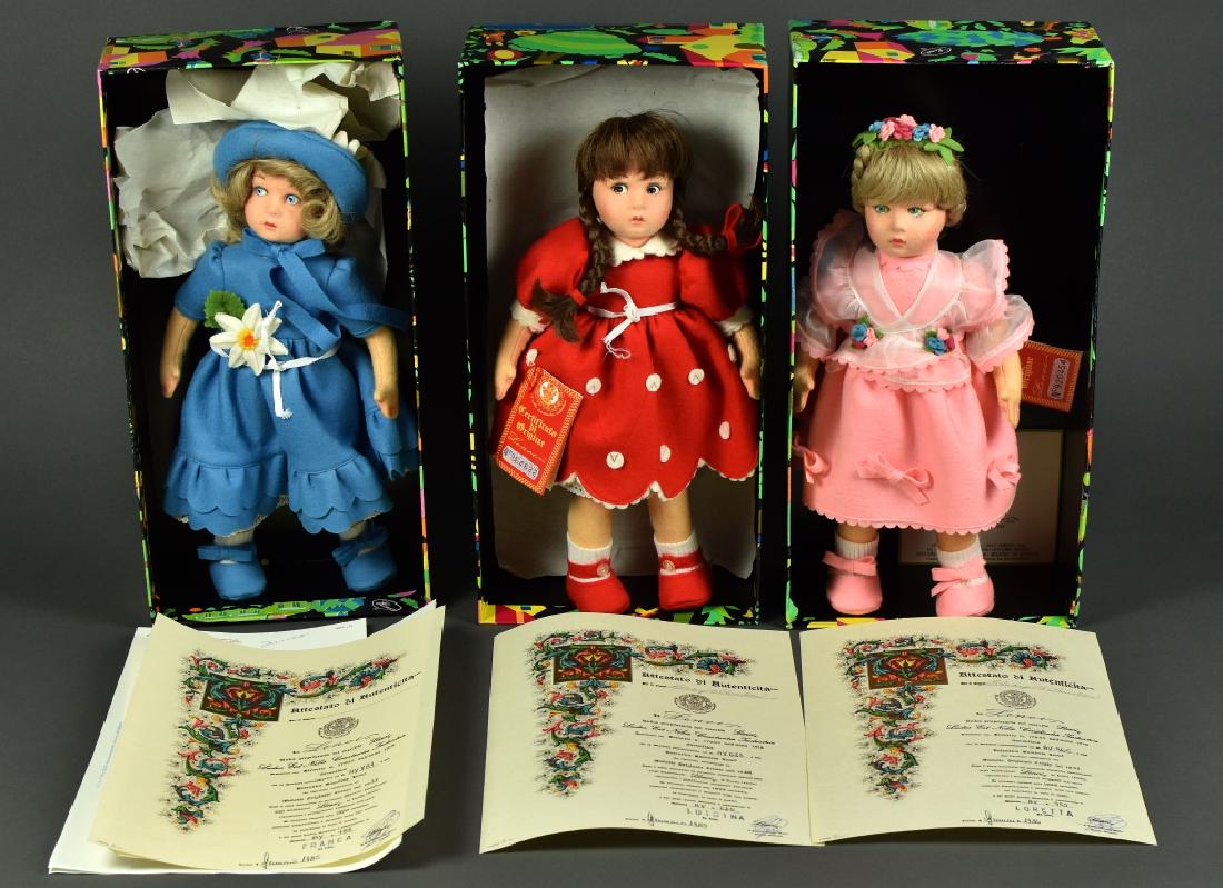 Three Original 1980's Lenci Italian Felt Dolls Each in: Each in their original boxes with paperwork. Their names are Franca ( 1985 ), Luigina ( 1985 ), and Loretta ( 1984 ). All in very good to excellent condition. 13" tall.